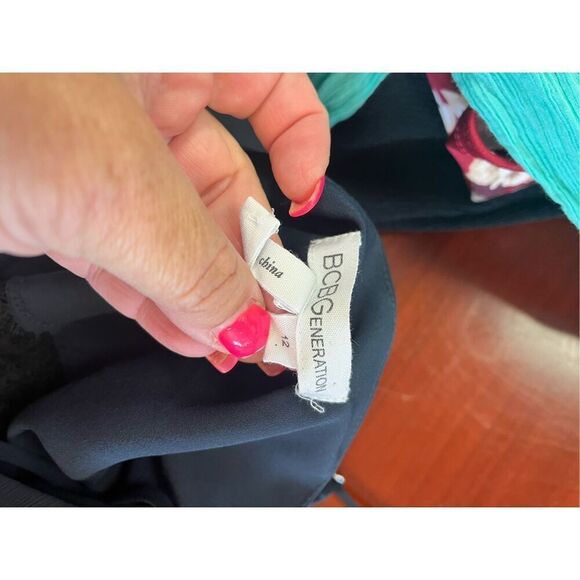 BCBGENERATION Navy Chiffon Black Lace Waist Halter Maxi Dress Gown sz 12 EUC - Picture 7 of 8